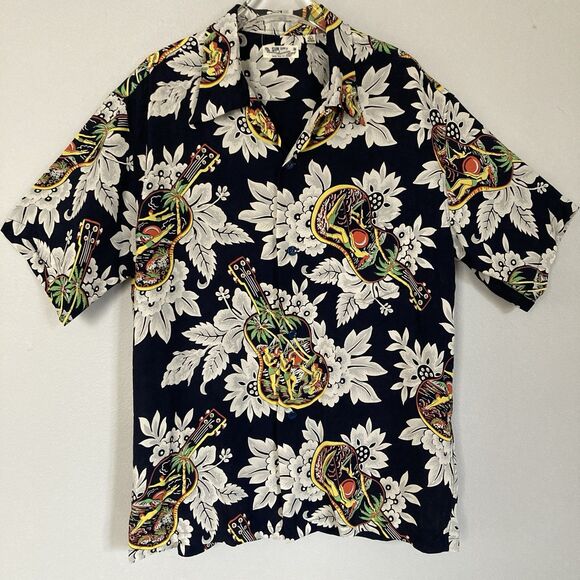 SUN SURF Aloha Hawaiian Shirt Large UKELELE MELODY Navy Rayon Made in Japan 2019 - Picture 1 of 11